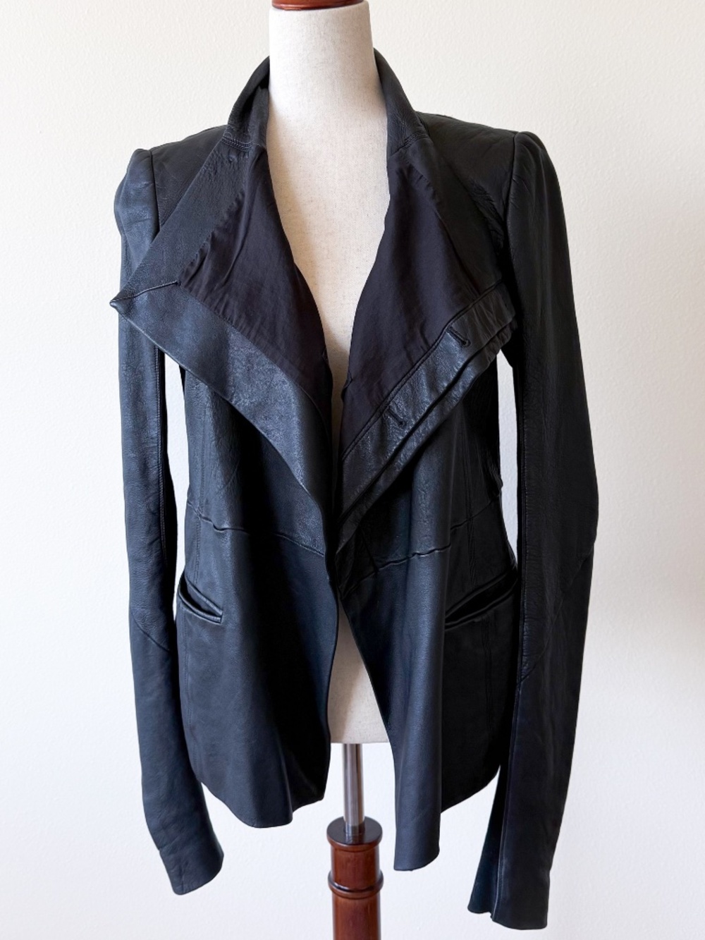 Rick Owens Black Lamb Leather Draped Jacket Coat IT 42 US 8